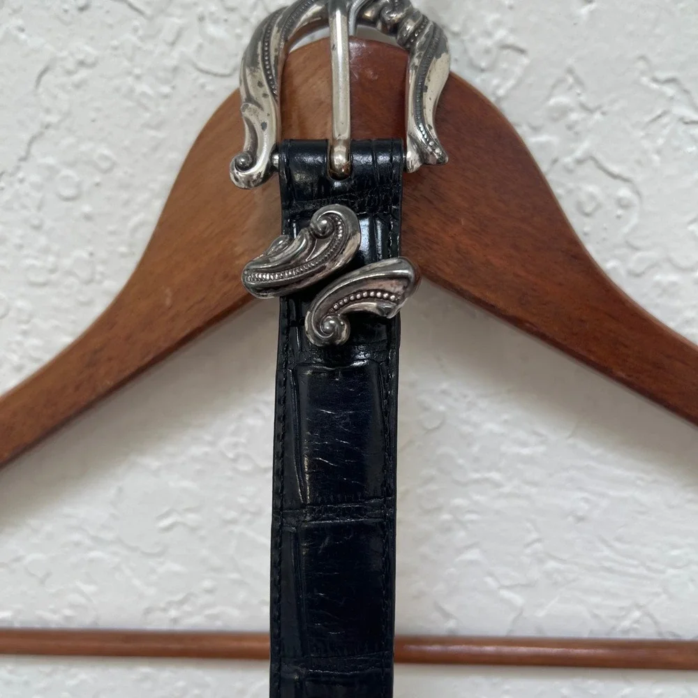Brighton Womens Black Croc Embossed Leather Western Belt‎ Silver Buckle L Boho